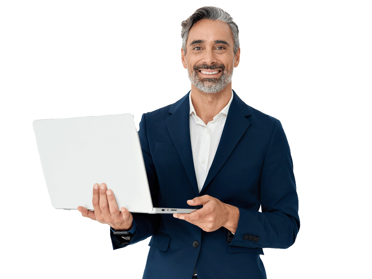  Middle aged professional businessman ceo executive wearing suit holding computer working looking at camera, portrait. - AI Translation services