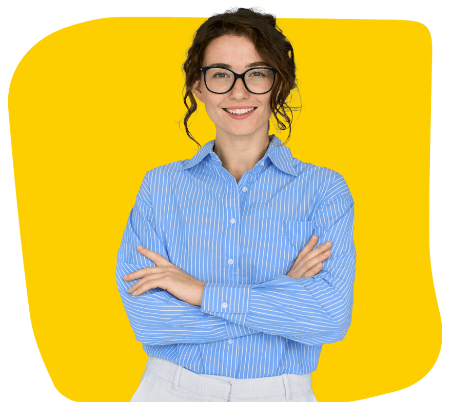 Happy young smiling confident professional business woman wearing blue shirt and glasses, AI-Post-editing Translation services