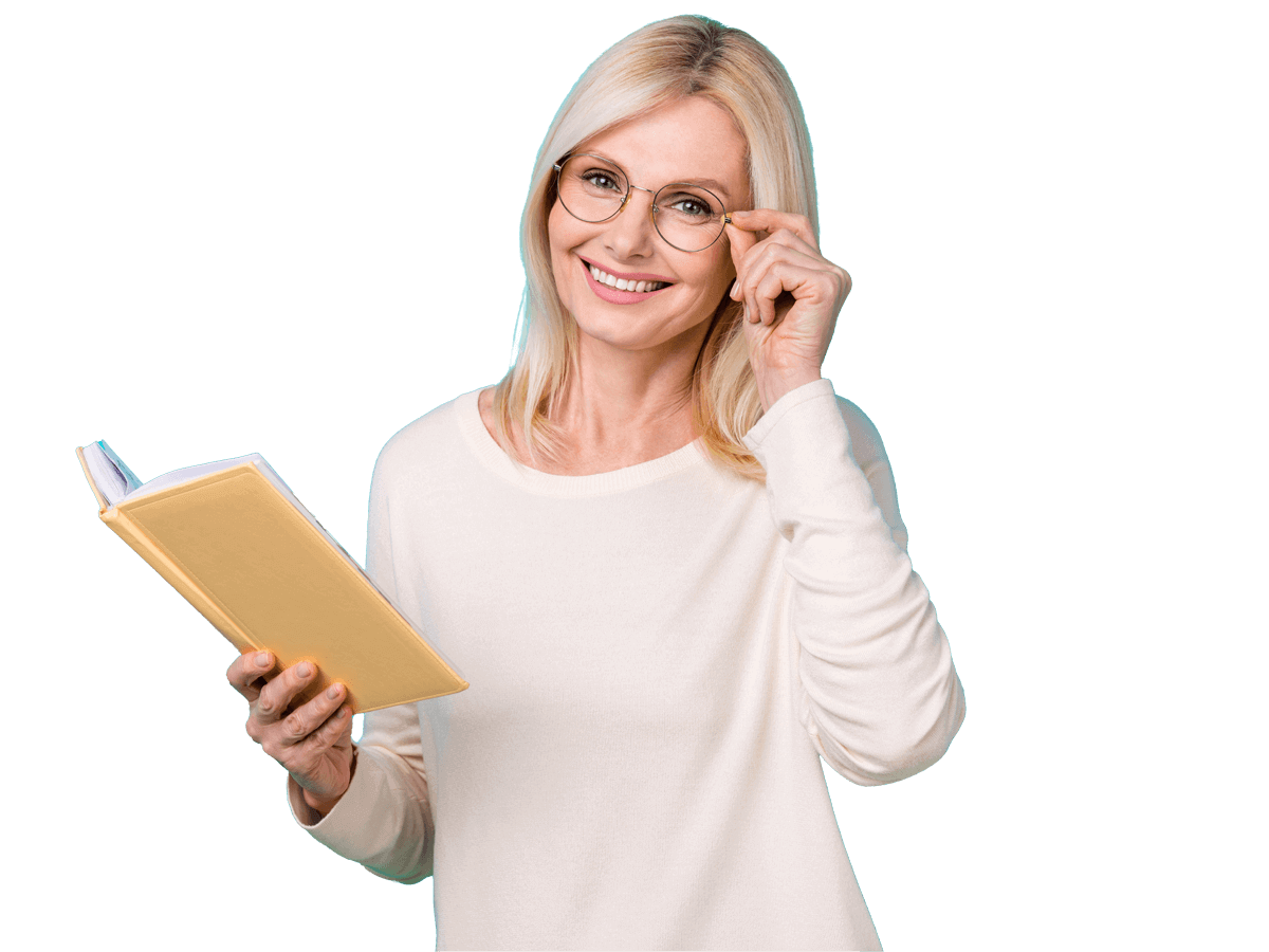 Book translation service, Photo of optimistic pensioner woman blonde hair wear white shirt hold new encyclopaedia