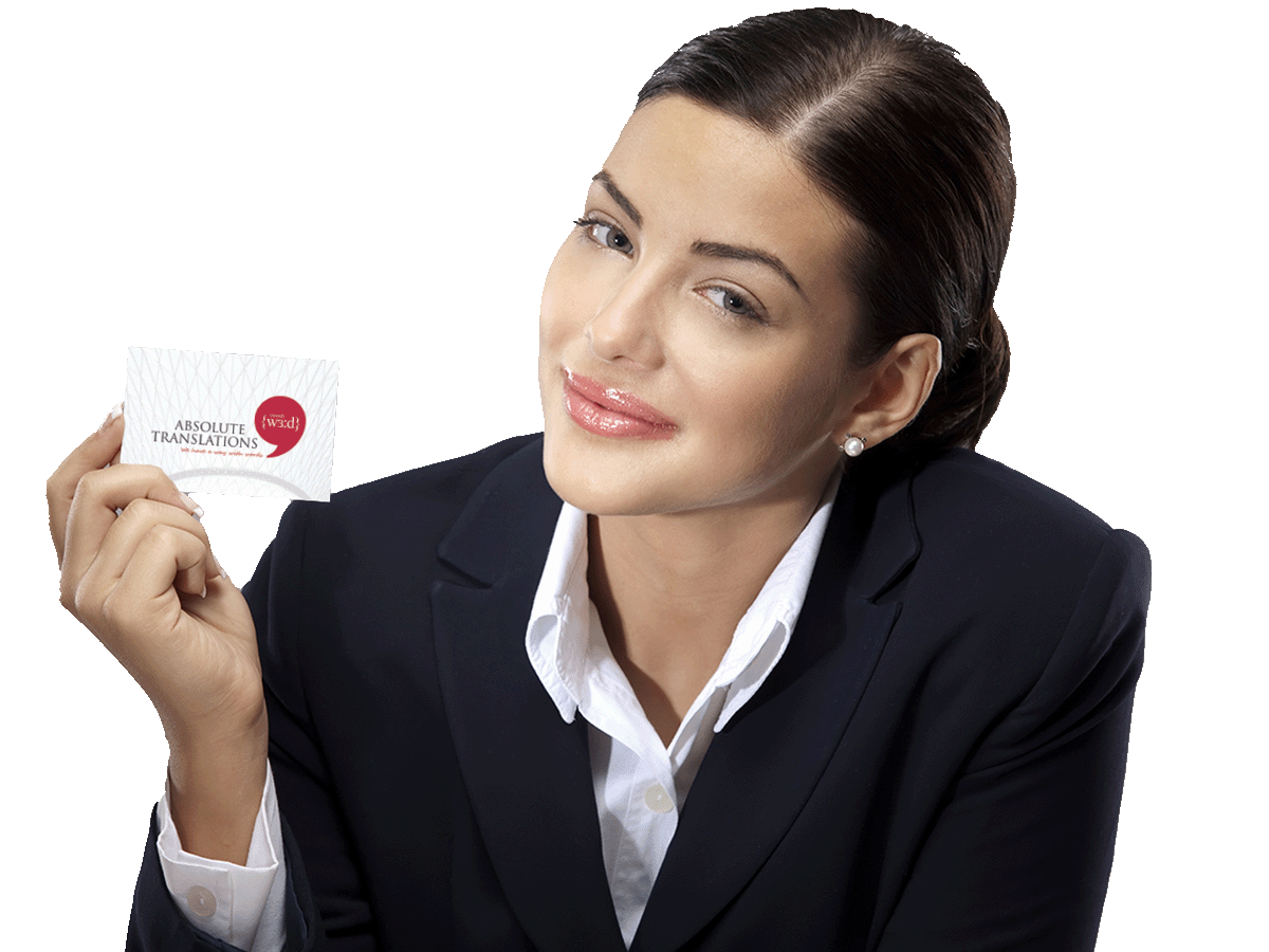 Business card translation services UK professional smiling holding a card