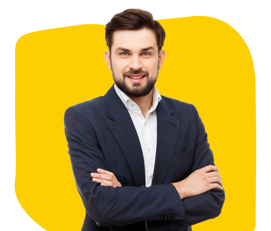 Court-translation-Professional, Businessman smiling with arms crossed on white background