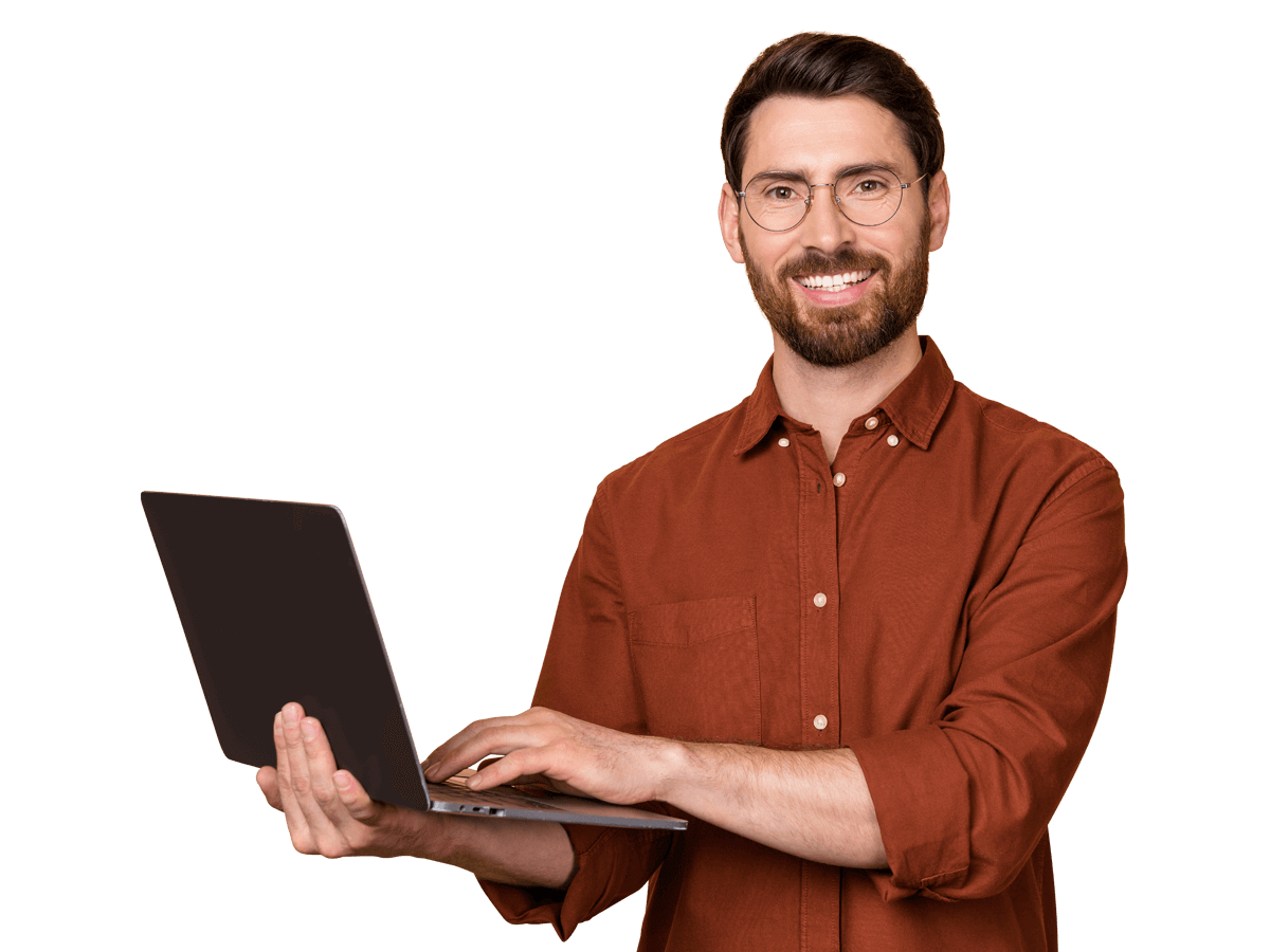 Hebrew website translation services, Photo of cheerful positive man toothy smile hold use wireless netbook isolated on beige color background