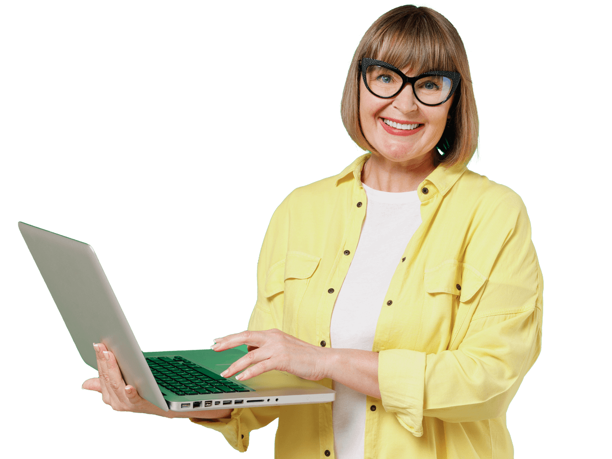 Machine Translation Service, Beautiful middle aged lady holding laptop and smiling posing to camera.