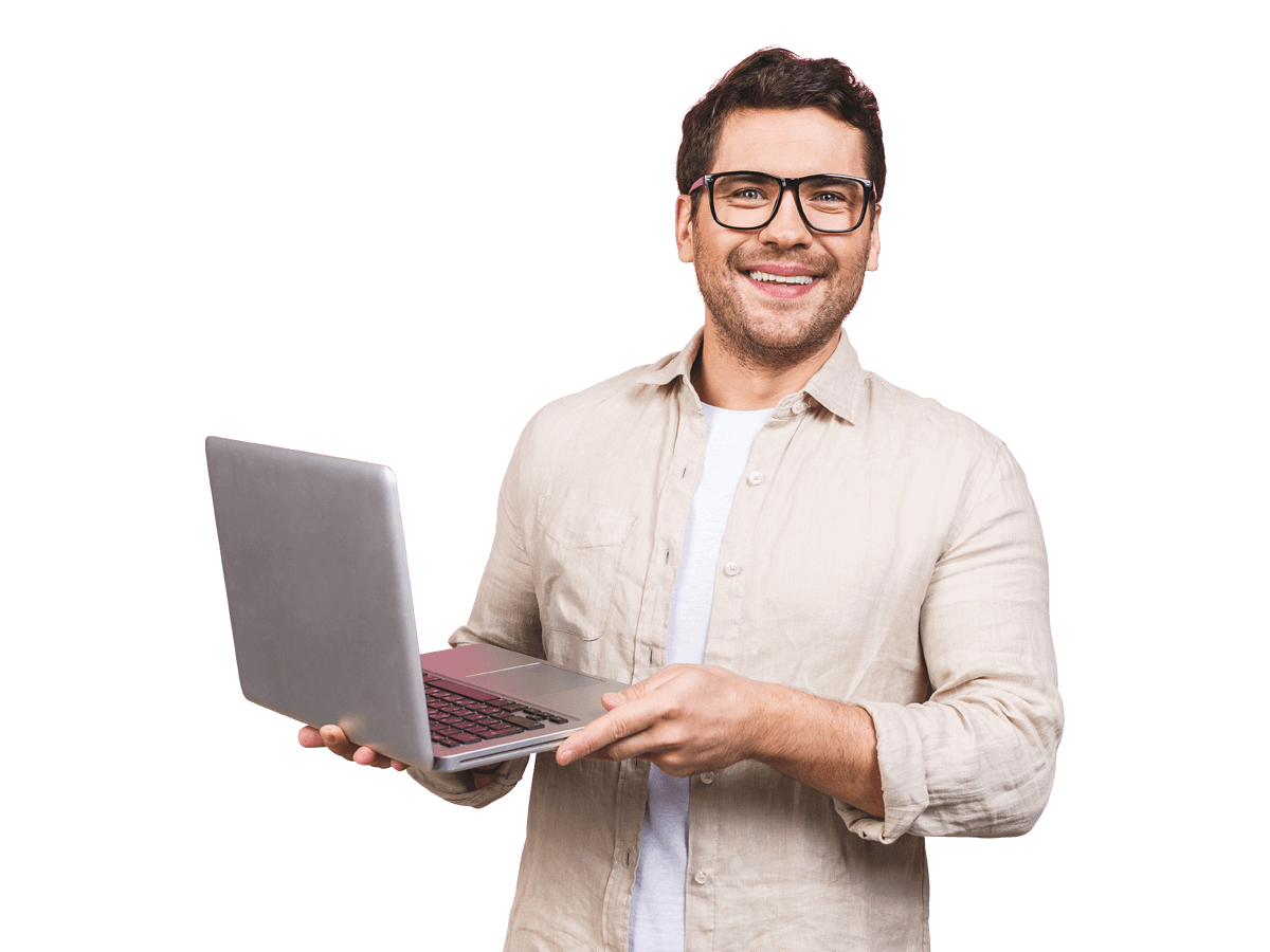 Spanish website translation services man wearing glasses holds a laptop