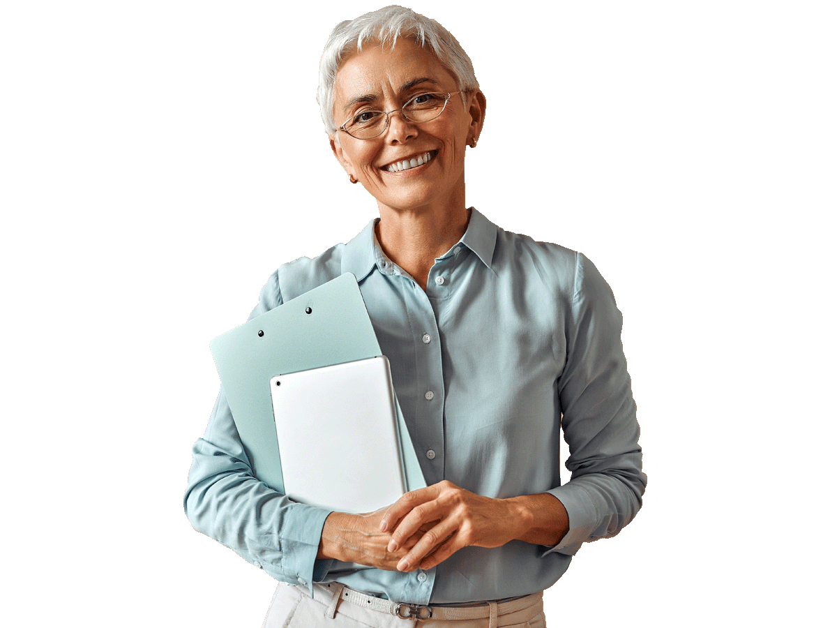 Witness Statement Translation Services, Modern confident beautiful gray-haired mature business woman in blue blouse 